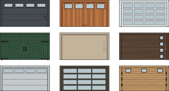 Modern residential garage doors vector icon set featuring sectional roll up automatic overhead gates wooden carriage style glass panels windows and house exterior elements.