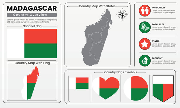 Madagascar Flag and Country Map Infographic Vector Template with National Symbols
