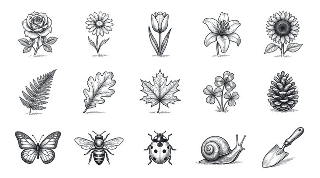 Various detailed black and white nature elements, including flowers, leaves, insects, and a gardening tool, presented as vintage-style engravings on a clean white background