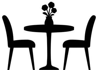 Fototapeta premium Minimalist Black Silhouette of Two Chairs and a Round Table with a Flower Vase