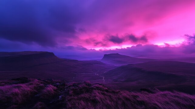 Stunning landscape with vibrant purple sky at dusk overlooking rolling hills and a serene valley below.