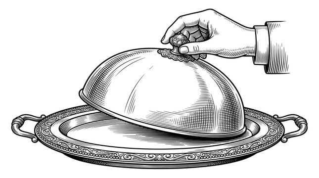 Hand holding silver serving dish lid.