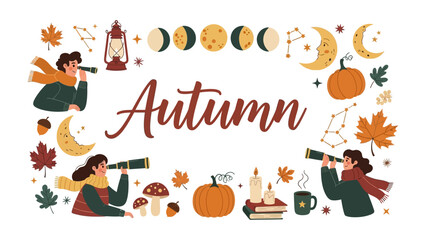 Fototapeta premium Autumn Celestial Wonder: Embrace the magic of autumn with this whimsical illustration featuring celestial phases, constellations, pumpkins, leaves, and cozy stargazers exploring the night sky.