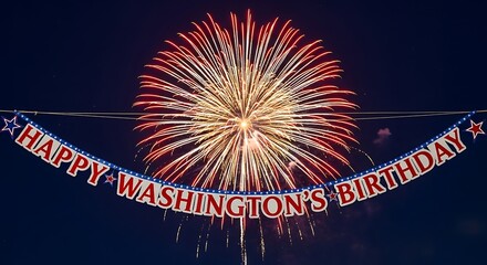 A vibrant firework explodes behind a banner celebrating Washington's birthday, in the night