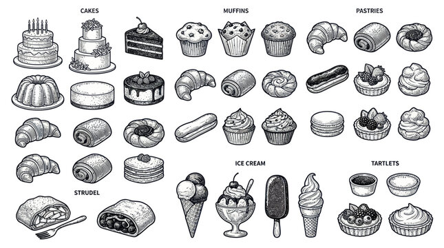 Variety of sweet baked dessert foods.