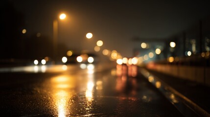 Fototapeta premium Night city street illuminating blur of car lights on wet road, reflecting urban bokeh creating abstract background