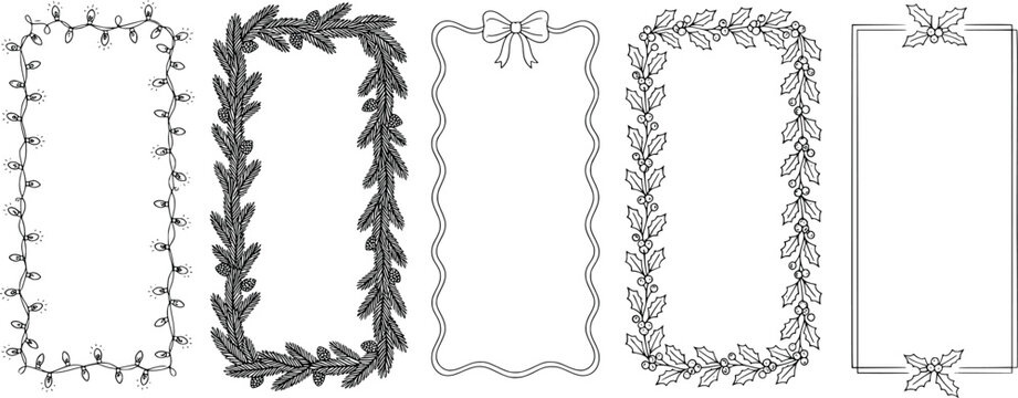Set of handdrawn christmas rectangular frames with festive decorations including fairy lights, pine branches, bows, and holly berries