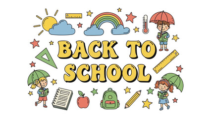 Naklejka premium Back To School Celebration: A vibrant and cheerful illustration captures the essence of returning to school, featuring playful icons like children with umbrellas, books, a backpack, and a rainbow.