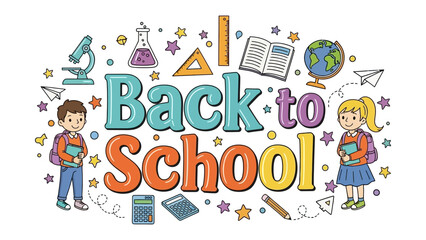 Fototapeta premium Back to School Celebration: A vibrant and colorful illustration celebrates the excitement of returning to school with cheerful children, school supplies, and playful elements.