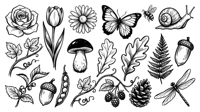 Various hand-drawn black and white nature elements including flowers, leaves, insects, and berries, arranged as a collection on a clean white background