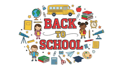 Naklejka premium Back to School Excitement: A vibrant illustration depicts a cheerful collection of school supplies, children, and a classic yellow school bus, all centered around the bold BACK TO SCHOOL text.