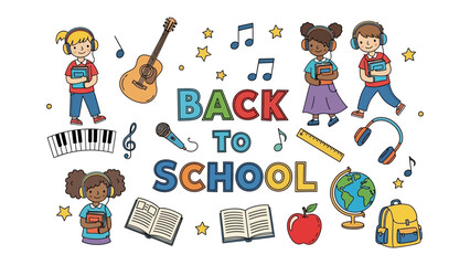 Fototapeta premium Back to School Illustration: A vibrant and colorful illustration depicts children with books and headphones, surrounded by musical notes, a globe, and school supplies.