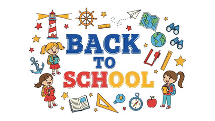 Fototapeta premium Back to School Celebration: A vibrant and colorful illustration depicting the excitement of returning to school, featuring cheerful children, school supplies, and nautical-themed elements.
