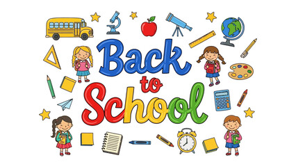Fototapeta premium Back to School Celebration: A vibrant and colorful illustration depicts the joyful essence of returning to school, surrounded by classic educational icons like school bus, students, apple, books.