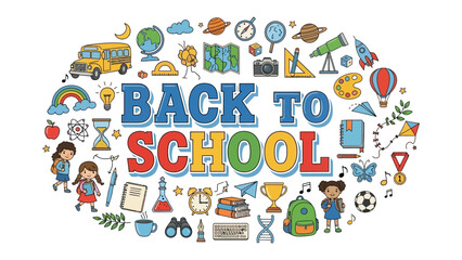 Fototapeta premium Back to School Collage: A vibrant illustration depicting the excitement of returning to school with a playful collection of educational icons, student figures, and the prominent phrase BACK TO SCHOOL.