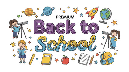 Fototapeta premium Back to School Theme: A vibrant and playful illustration celebrating the return to school, featuring children, books, planets, and a rocket ship.