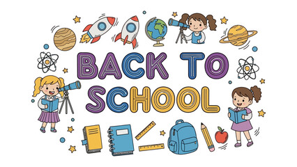 Fototapeta premium Back to School Doodle Art: A charming collection of hand-drawn illustrations depicting children, school supplies, rockets, planets, and globes, all centered around the Back to School theme.