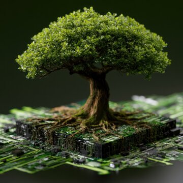 Tree growing from circuit board symbolizing tech and nature