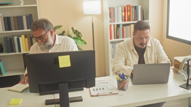Two men at a desk, one man typing on a laptop while the other flips through a stack of files beside a monitor in an office building; teamwork focus productivity.