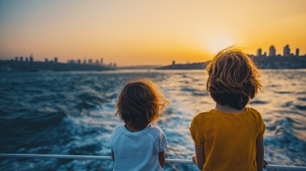Fototapeta premium Children standing on a ferry boat, looking out at urban skyline during golden hour sunset journey