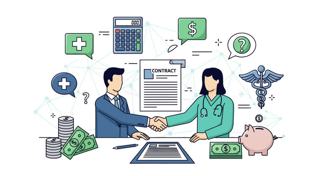 Medical contract agreement illustration with healthcare professional and client