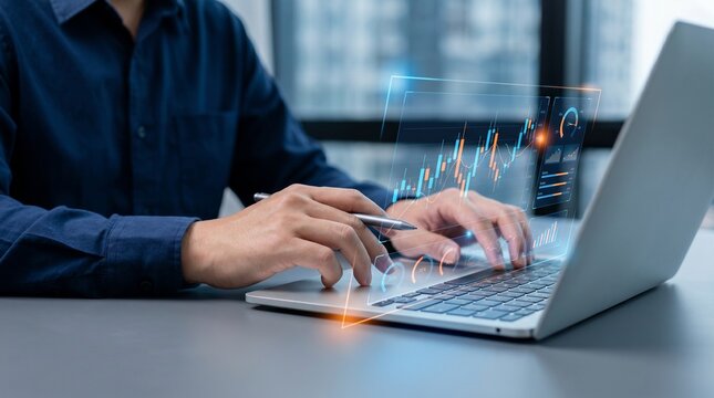 businessman analyzing financial market data and digital investment charts using laptop, fintech analytics dashboard with global trends, stock performance, and economic strategy visualization

