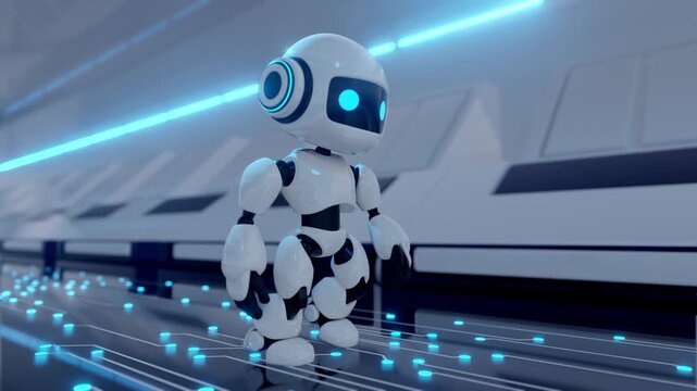 4k 3d animation loop of a small AI character moving forward on a glowing digital circuit floor, creative background for sci-fi concepts.
Cute futuristic robot walking through a spaceship corridor. 