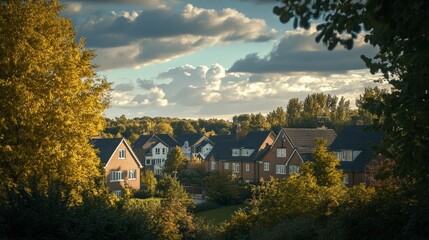 Fototapeta premium Picturesque suburban homes with lush trees and cloudy skies in a tranquil neighborhood setting