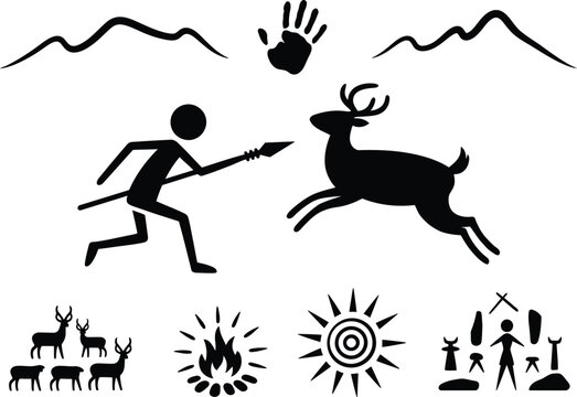 Primitive man with spear hunting running deer in ancient landscape with primitive village campfire sun.