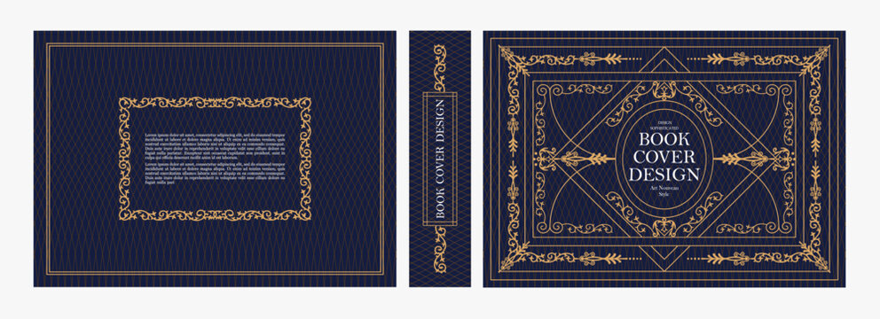 Elegant horizontal vintage book cover design with ornate Art Nouveau frame, geometric decorative ornaments, and luxurious retro style for publications, albums, posters, and premium layouts
