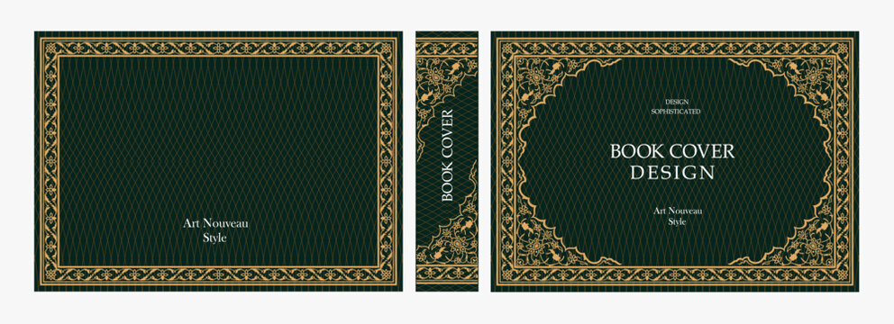Elegant horizontal vintage book cover design with ornate Art Nouveau floral frame, decorative gold border, and luxurious retro style for publications, albums, posters, and premium layouts