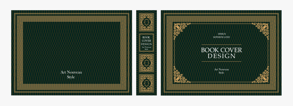 Elegant horizontal vintage book cover design with multiple gold frames, ornate Art Nouveau corner ornaments, and luxurious retro style for publications, albums, posters, and premium layouts