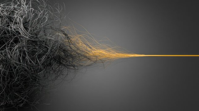 Abstract dark strands transforming into bright yellow energy flow