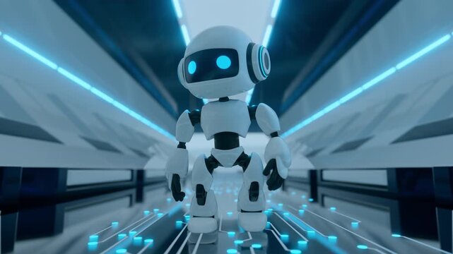 4k 3d animation loop of a small AI character moving forward on a glowing digital circuit floor, creative background for sci-fi concepts.
Cute futuristic robot walking through a spaceship corridor. 
