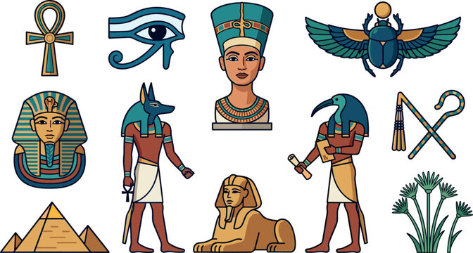 Ancient Egypt Culture and Mythology Vector Icon Set Featuring Tutankhamun Sphinx Pyramids Anubis Nefertiti Horus Eye and Traditional Egyptian Artifact Symbols