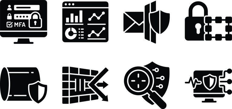 Cyber security and data protection icons set featuring network firewall multi factor authentication and digital privacy concepts
