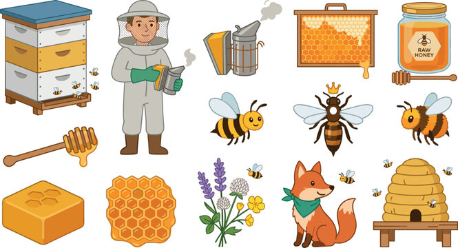 Beekeeping and Organic Honey Vector Icon Set Featuring Beekeeper Wooden Hive Smoker Honeycomb Queen Bee Jar and Cute Forest Fox Cartoon Characters