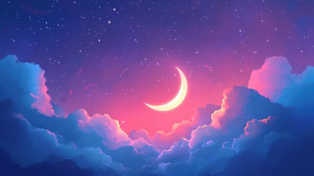 A serene night sky with a glowing moon above soft clouds and twinkling stars, creating a dreamy atmosphere for peaceful thoughts.