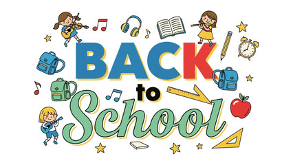 Fototapeta premium Back to School Celebration: A vibrant illustration captures the excitement of returning to school with cheerful children, musical notes, school supplies, and the prominent text BACK to School in bold.