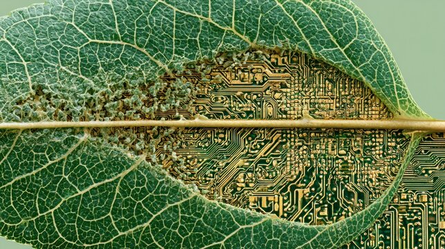 Close up of leaf veins merging with a circuit board