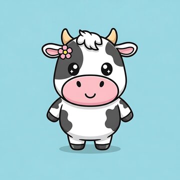 Adorable cartoon cow character with black and white spots wearing a small pink flower on her ear standing against a simple soft blue background in this charming digital vector illustration.