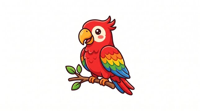 Cute cartoon red parrot with colorful rainbow wings perched on branch. Big eyes, orange beak, rosy cheeks. Vibrant, cheerful, kawaii vector style.