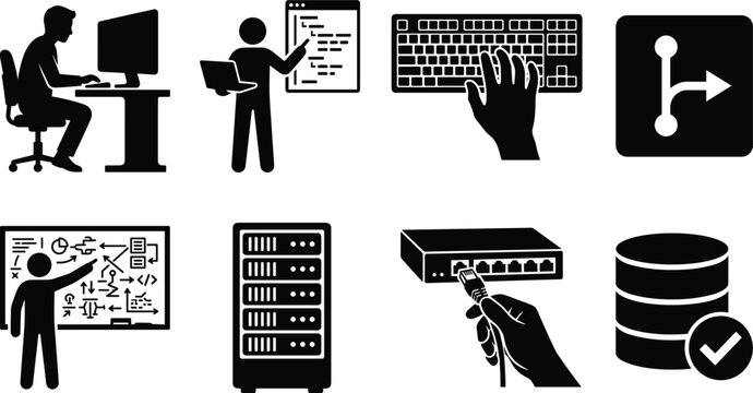 Software development and computer network administration solid vector icon set isolated on white background
