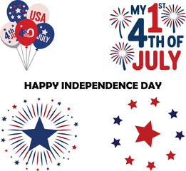 Fototapeta premium Assortment of patriotic Independence Day elements featuring balloons, stars, fireworks, and celebratory typography