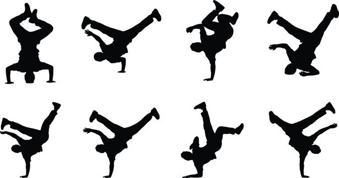 Set of black silhouettes of breakdancers performing dynamic hip hop dance moves isolated on white background