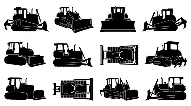 Bulldozer Silhouette Collection Set Featuring Multiple Construction Vehicle Angles and Heavy Equipment Icons