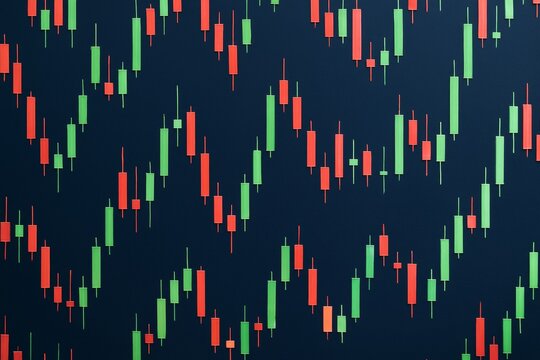 Abstract pattern of red and green candlestick chart symbols on dark background, representing financial data and trading analysis concept. Ai generative