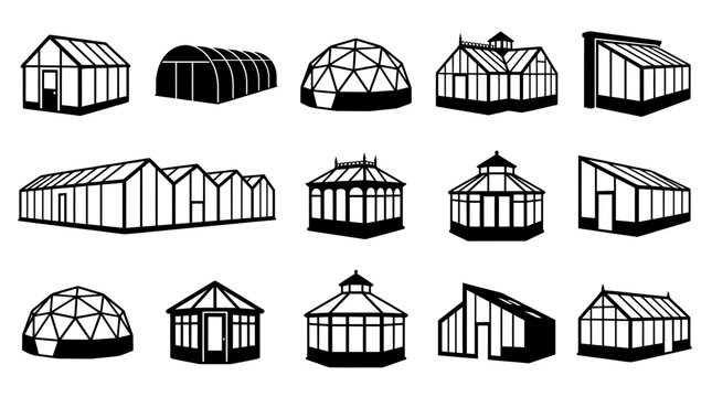 Greenhouse Building Silhouette Collection Set Featuring Various Glasshouse Structures and Botanical Conservatory Designs
