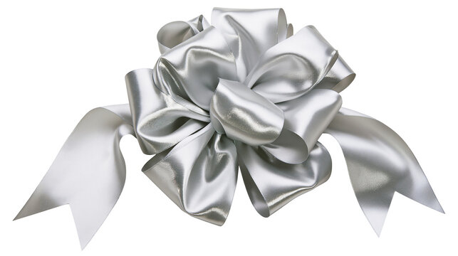 Luxurious silver satin gift bow with flowing ribbons, isolated on transparent background