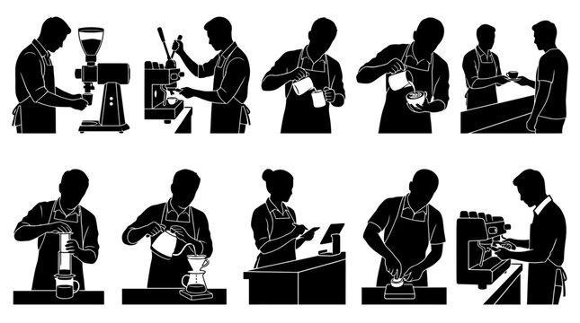 Professional Barista Silhouette Collection Set Featuring Coffee Preparation and Espresso Making Poses